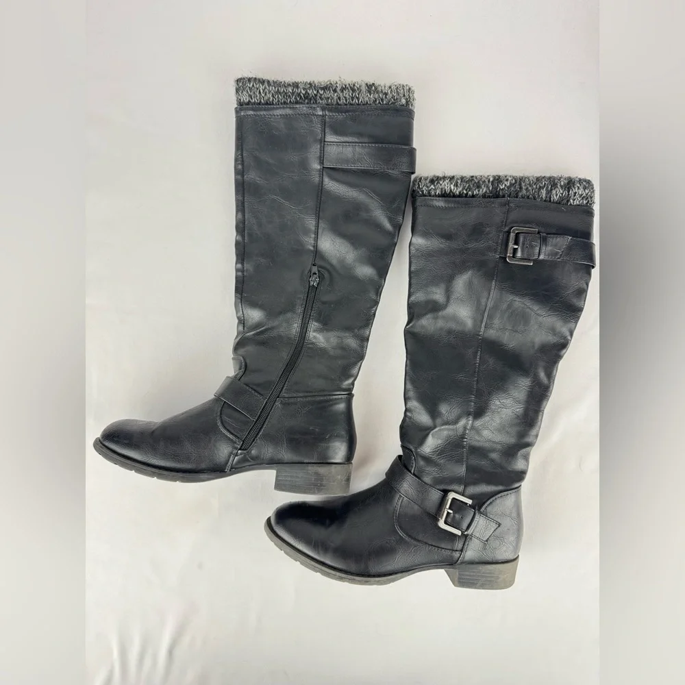 Just Fab Knee High Faux Leather Adjustable Buckle Riding Boots